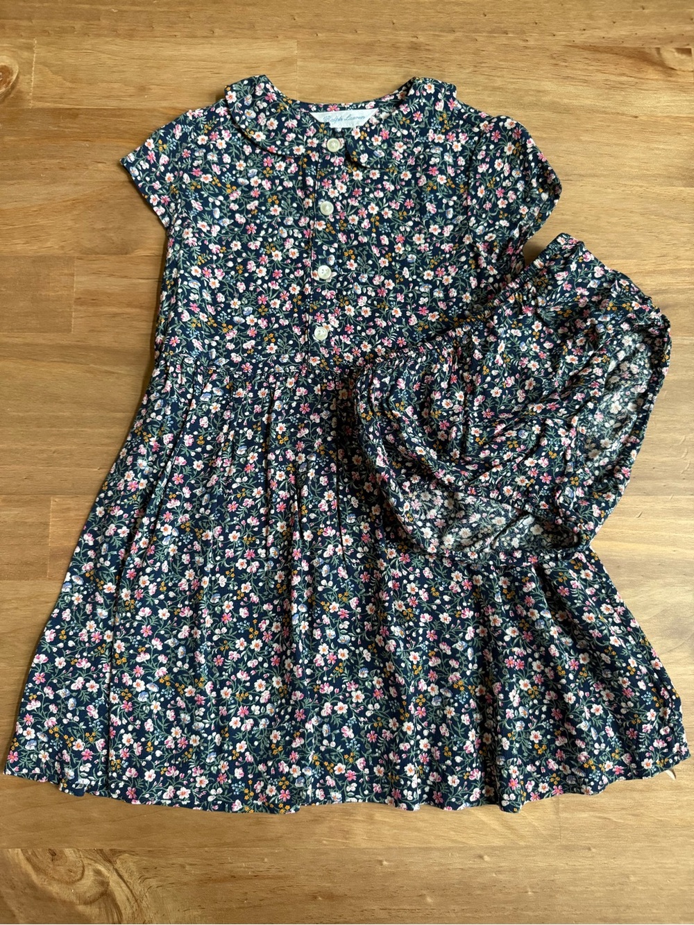 Girls Ralph Lauren Navy Floral Cotton Dress with Bloomers